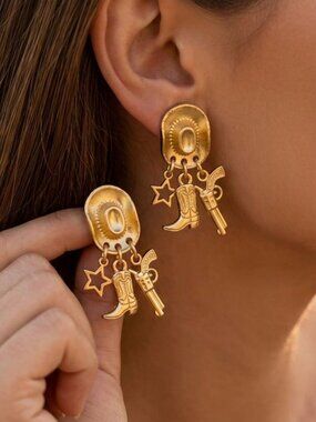 Gold Western Cowboy Women's Hat dangly earrings